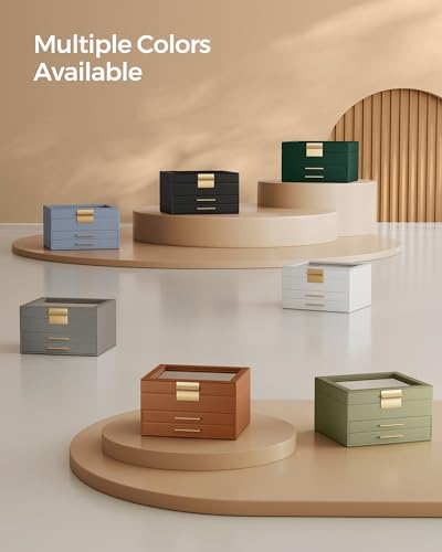 SONGMICS Jewelry Box with Glass Lid, 4-Layer Organizer, Dove Gray and Gold R6030