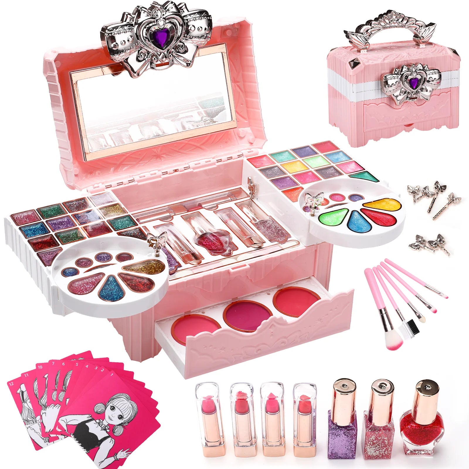 Welltop Kids Makeup Kit Toys for Girls, 90 Pcs in 1 Washable Children Play Make Up Set for Dress Up & Role Play, Portable Toys Gift for Ages 3-10 Year Old, Pink