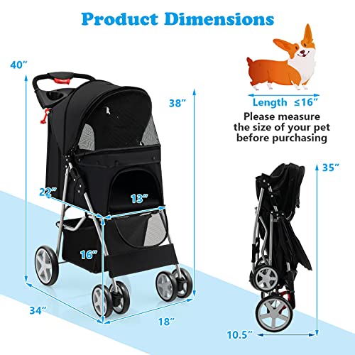 S AFSTAR 4 Wheels Pet Stroller Folding Cat Dog Carrier with Storage Basket, Black P905