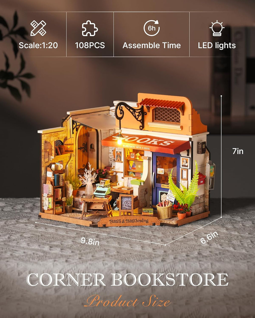 Rolife DIY Miniature House Kit 1:20 Scale Bookstore with LED Lights D629