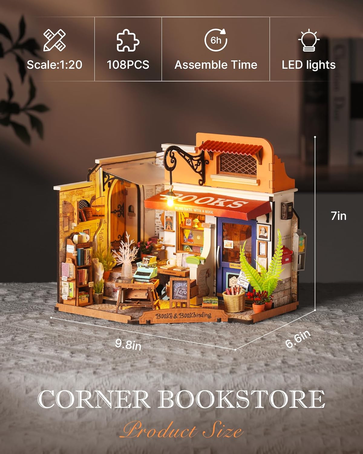 Rolife DIY Miniature House Kit 1:20 Scale Bookstore with LED Lights D629
