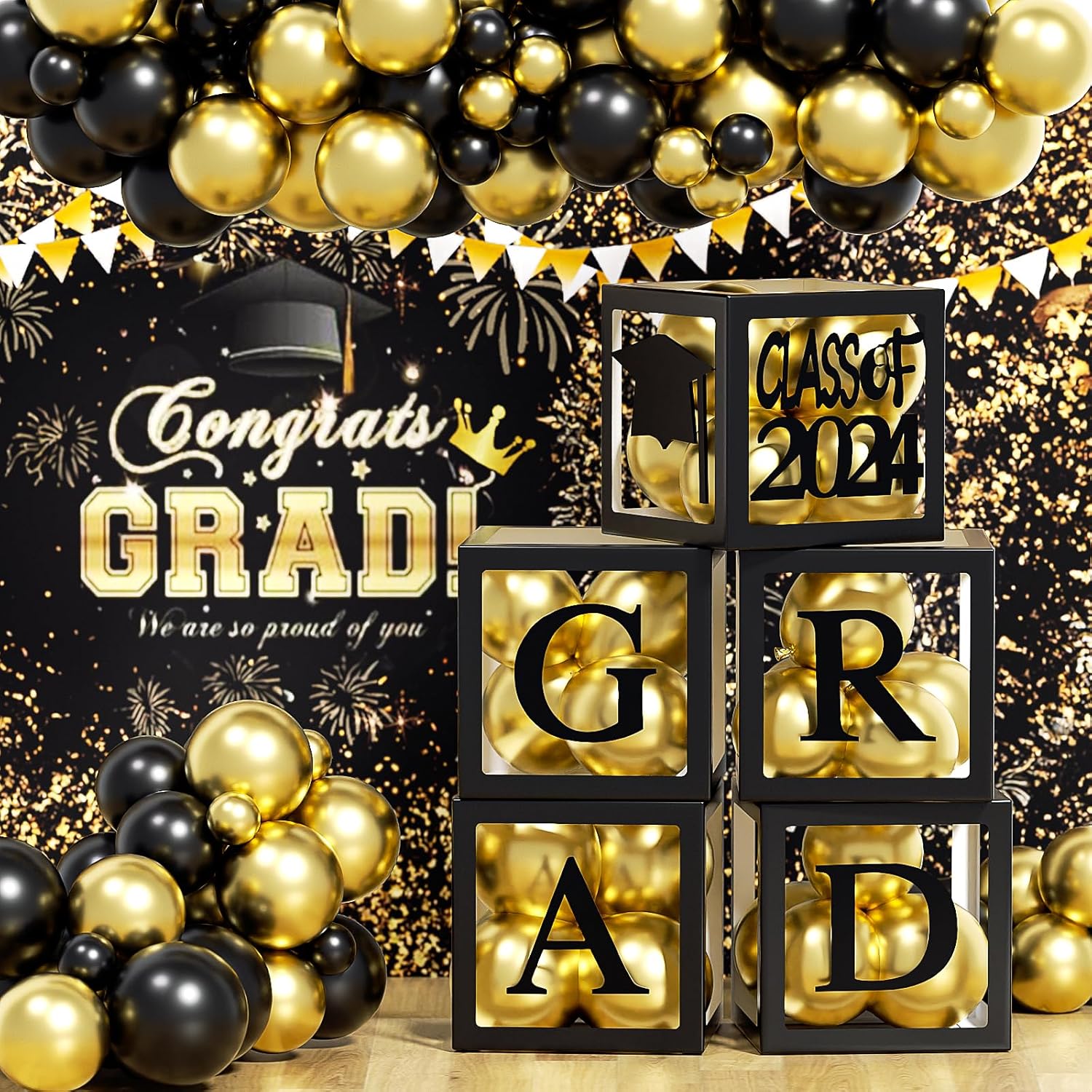 5Pcs Graduation Decorations Balloon Boxes for Graduation Decorations Class of 2024, Black Boxes with "GRAD" "CLASS of 2024" "Graduation Cap" for High School College Kindergarten Graduation Decoration