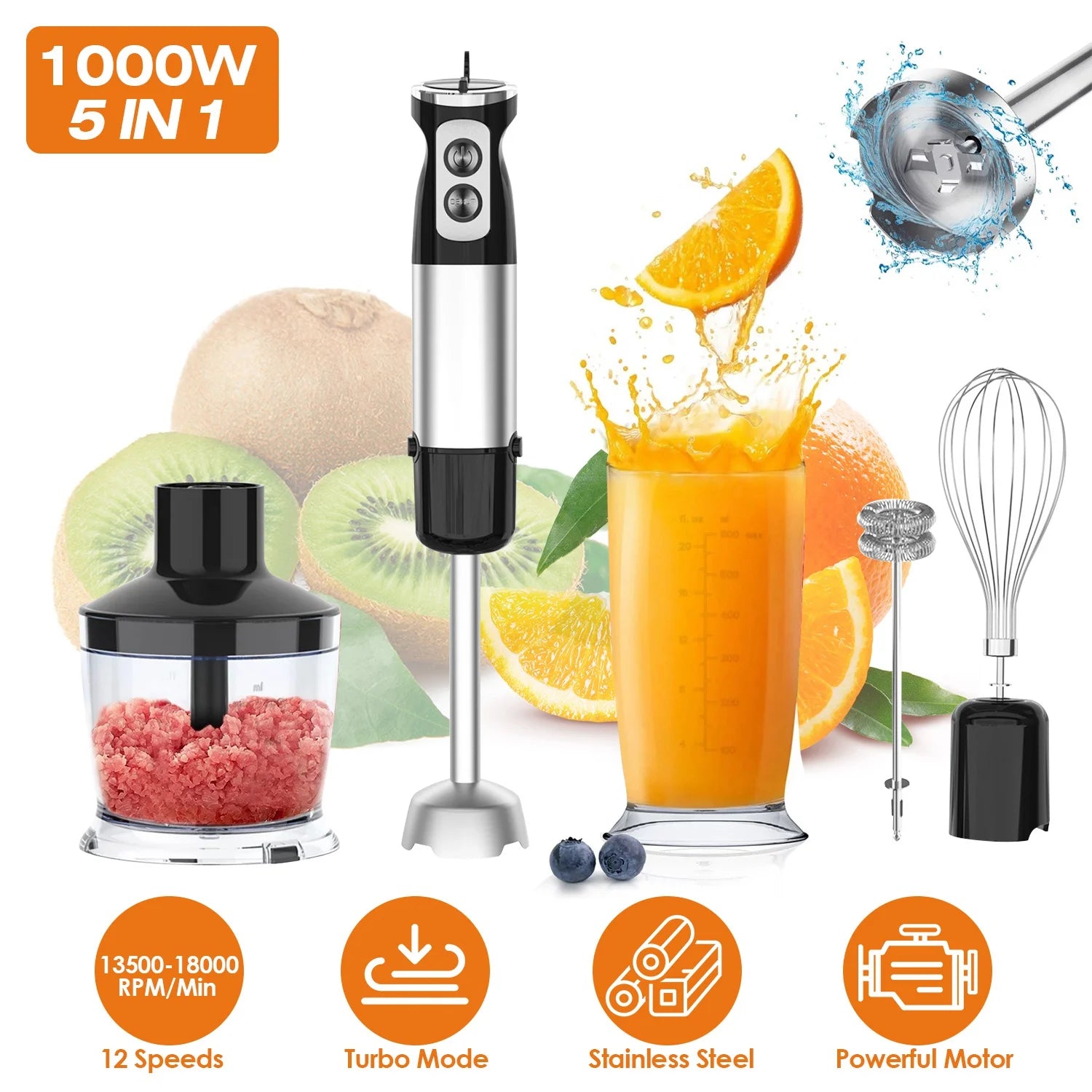 iMounTEK  Immersion Hand Blender, 1000W 5 in 1 Stainless Steel Hand Mixer with 12 Speeds Turbo Mode Food Processor with 20oz Beaker 17oz Chopper Whisk Milk Frother, Black