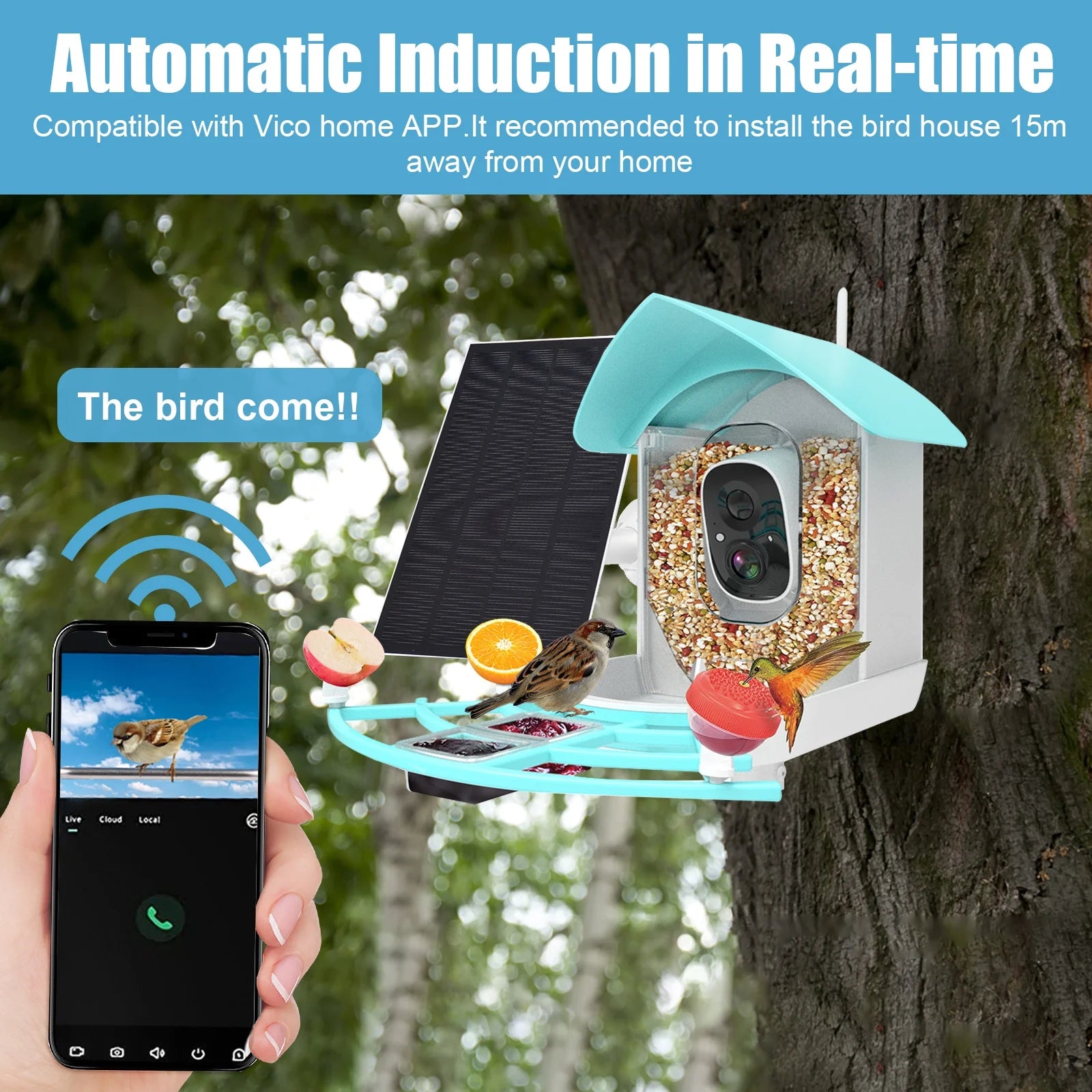 Smart Bird Feeder with Camera Solar Powered 1080P WiFi Waterproof S736795