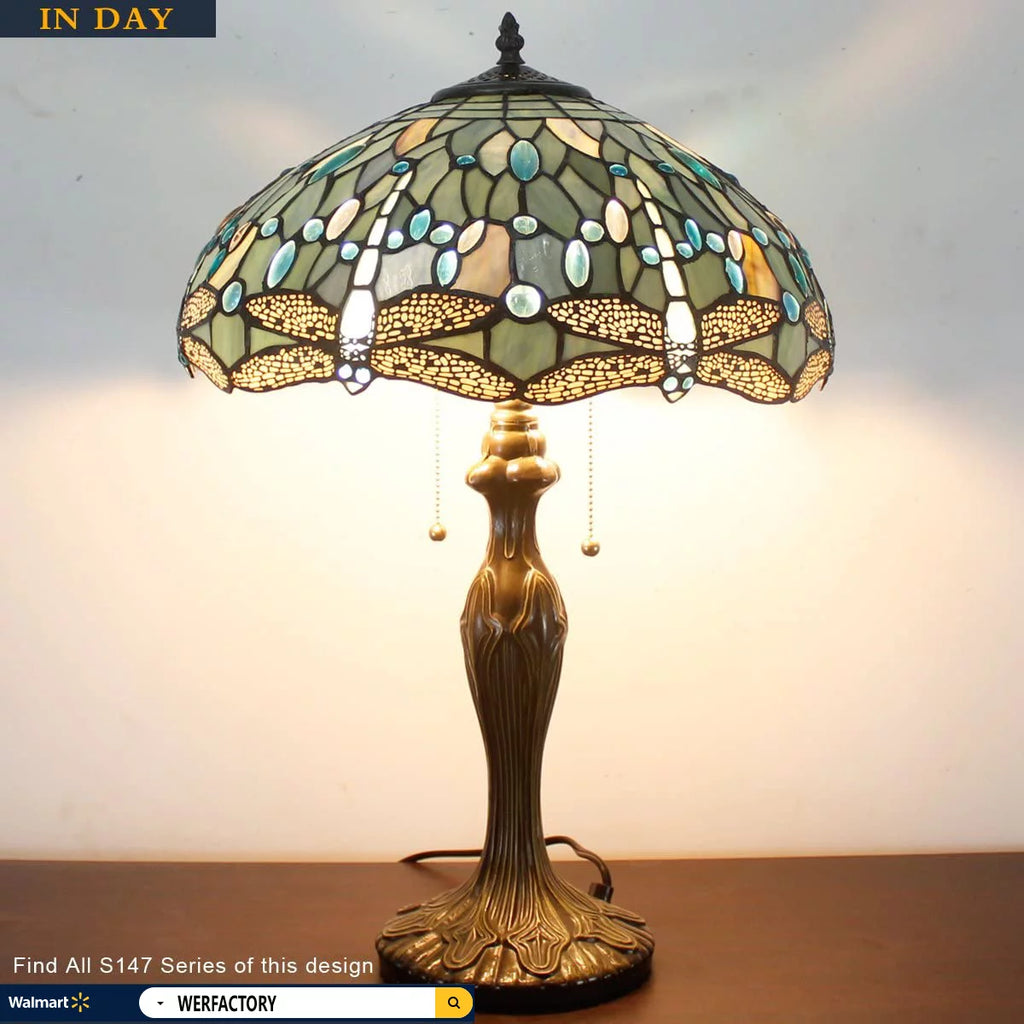 Tiffany Stained Glass Table Lamp with Metal Base, Sea Blue Dragonfly Style, 24" Tall, WERFACTORY LED Bulb Included K398
