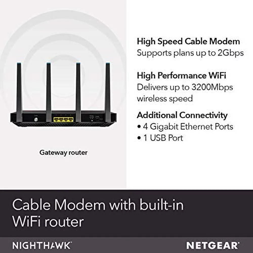 NETGEAR Nighthawk C7800 Cable Modem WiFi Router Combo, DOCSIS 3.1, AC3200 W607