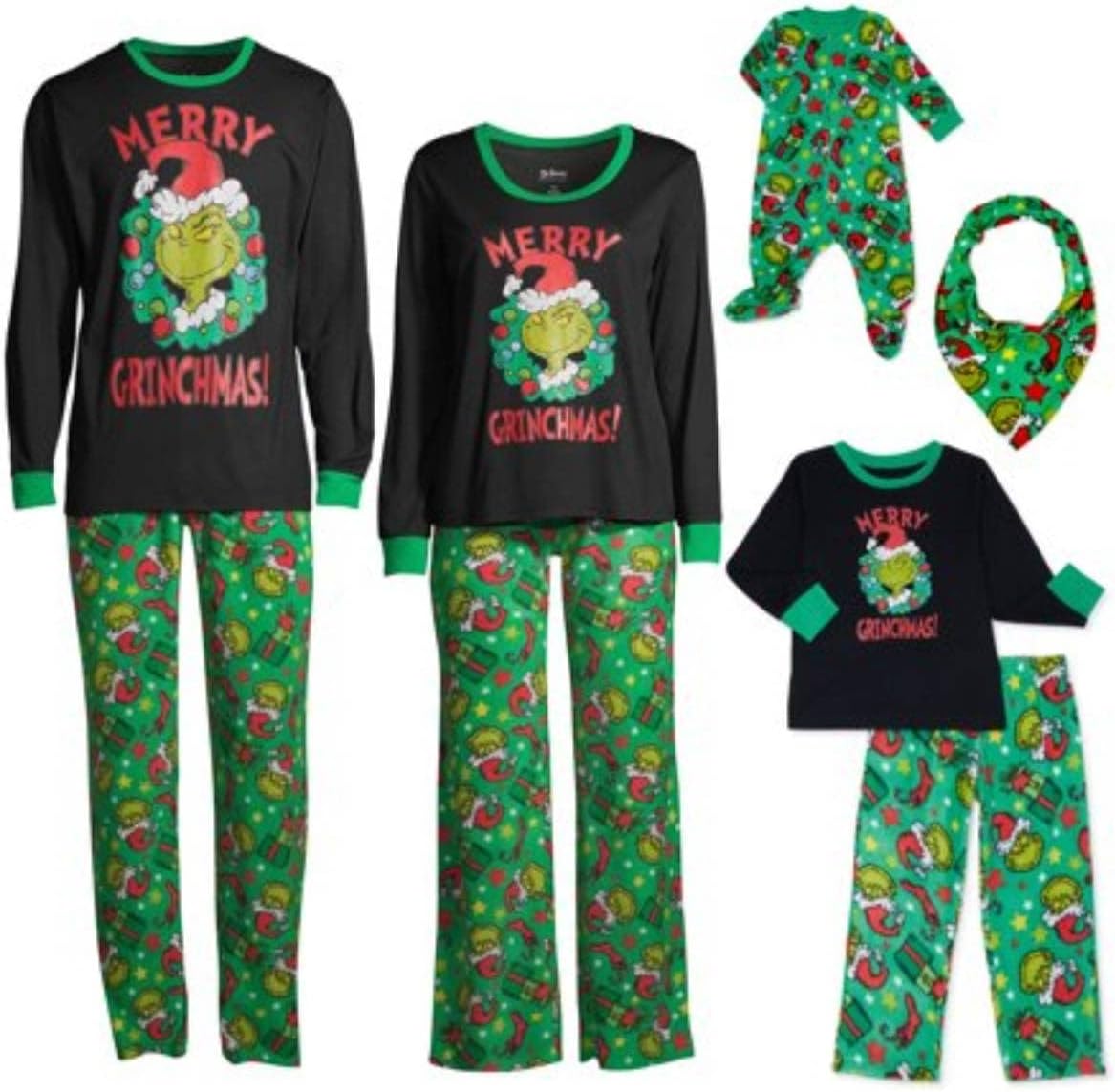 Dr. Seuss Womens Grinch Pajamas Set Holiday Pjs Fleece Pant Long Sleeve Shirt (Green Black Grinch, Small)