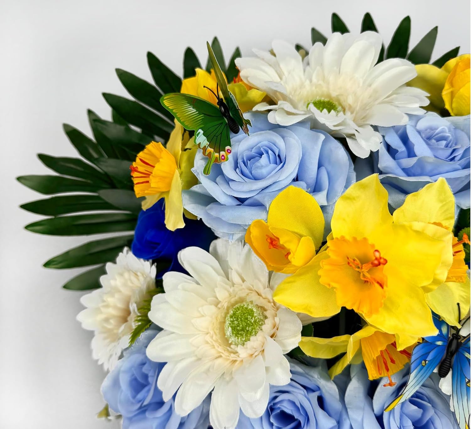 Artificial Cemetery Flowers for Grave with Headstone Vase and 2 Butterflies, Blue/White/Yellow V693110