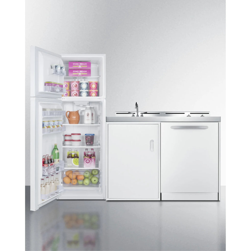 All-in-one kitchenette with full-size fridge, dishwasher, sink, and 2-burner cooktop N140