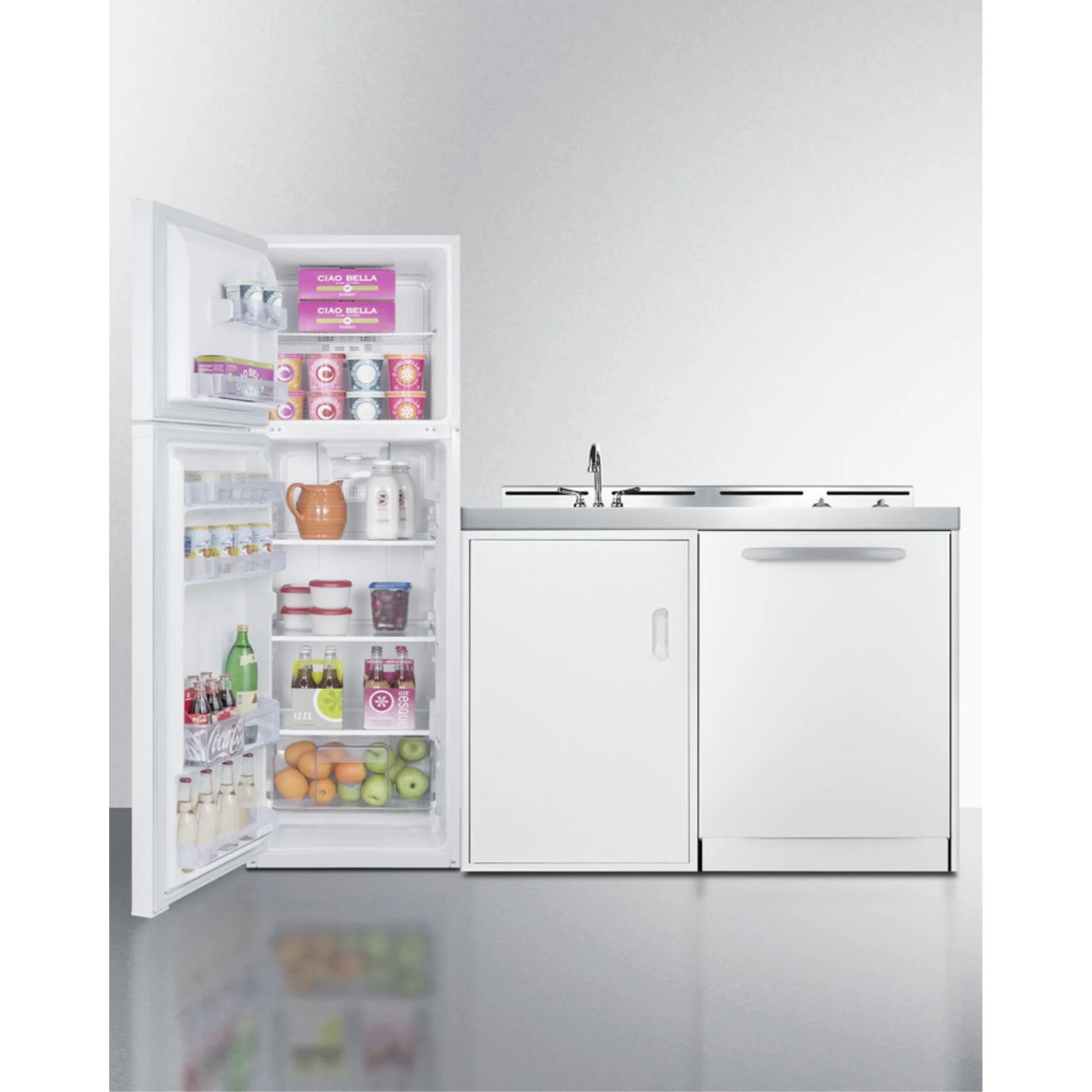 All-in-one kitchenette with full-size fridge, dishwasher, sink, and 2-burner cooktop N140
