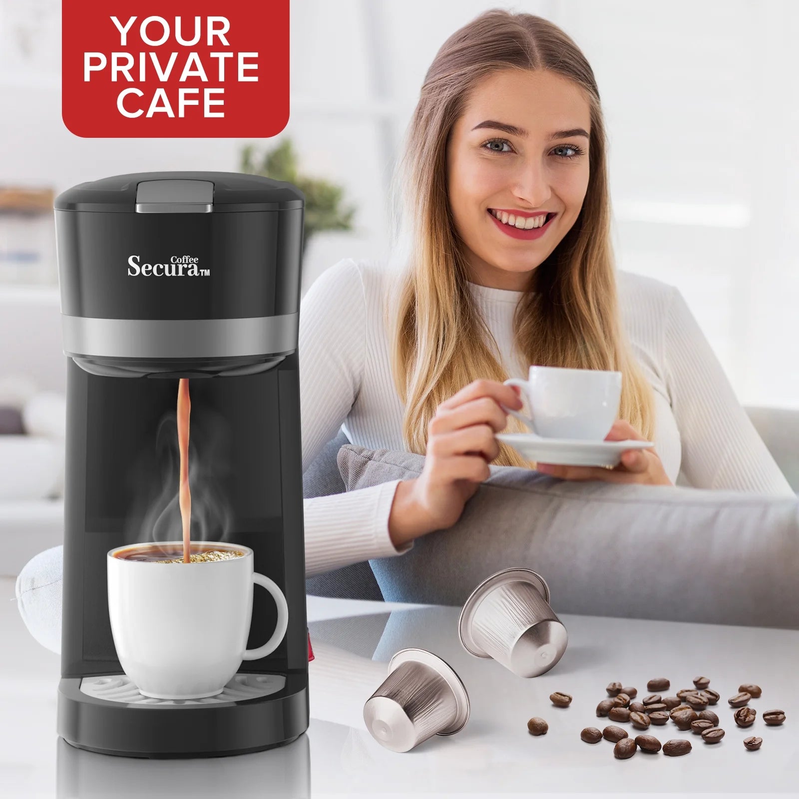 Secura Single Serve Coffee Maker for K Cup with Ground Coffee Basket, 12 Oz, Stainless Steel C9149