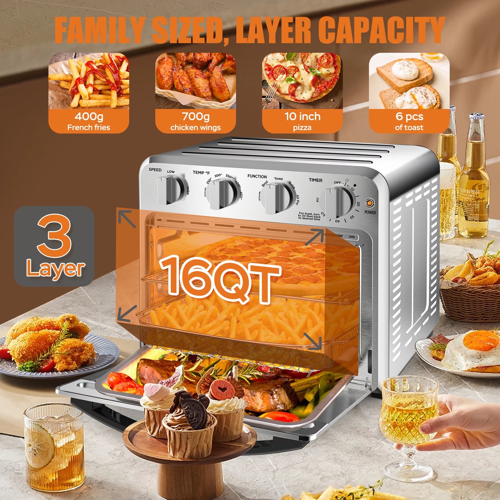 DFITO Chef 16QT Air Fryer Toaster Oven Combo, Silver S39864