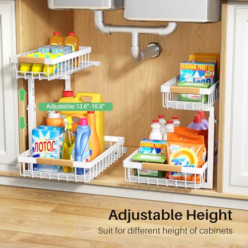 Under Sink Organizer 2 Pack, 2 Tier Metal Slide Out Shelf for Kitchen Bathroom Z6321