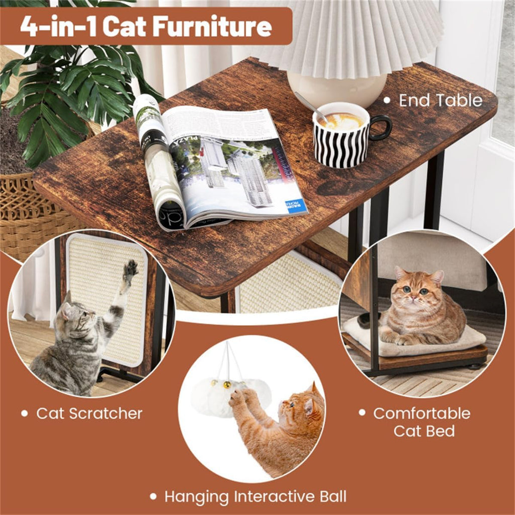 Cat End Table with Scratching, Industrial Style Nightstand M569