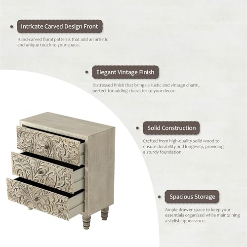 LONYKE 3 Drawer Farmhouse Dresser with Embossed Flower Motif, Weathered White P4937