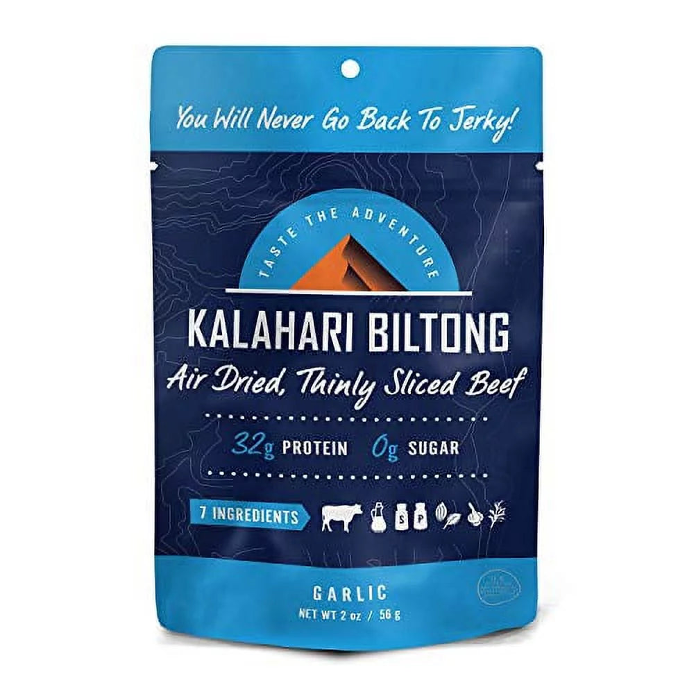 Garlic Kalahari Biltong, Air-Dried Thinly Sliced Beef, 2oz (Pack of 1), Sugar Free, Gluten Free, Keto & Paleo, High Protein Snack
