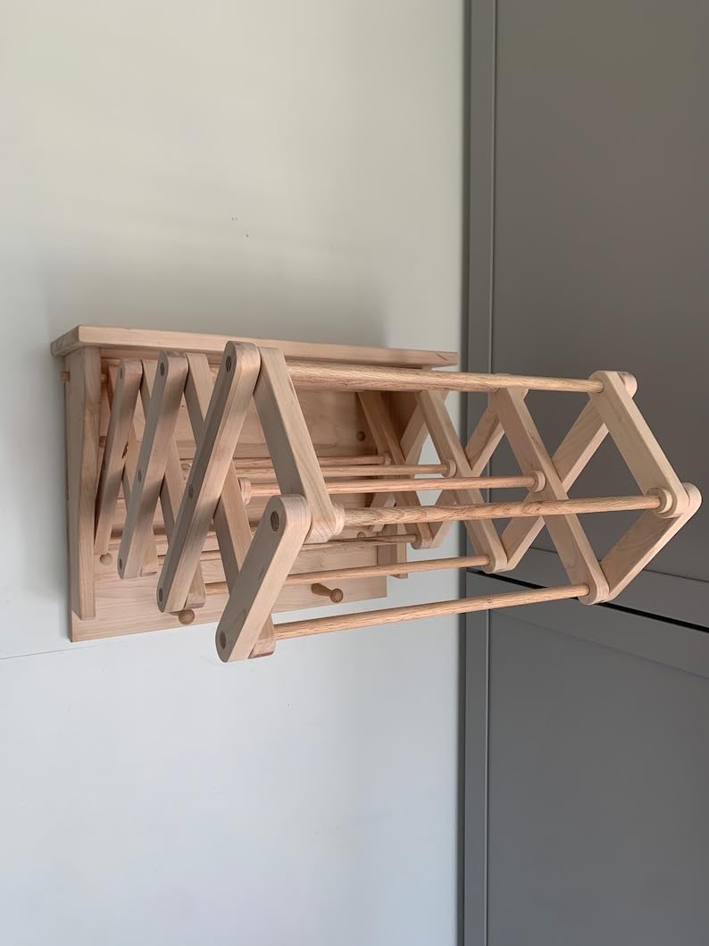 Collapsible Wooden Wall Mounted Drying Rack with Peg Hooks G8726