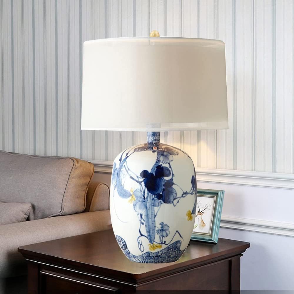 Chinese Blue and White Porcelain Table Lamp with Drum Shade P9534
