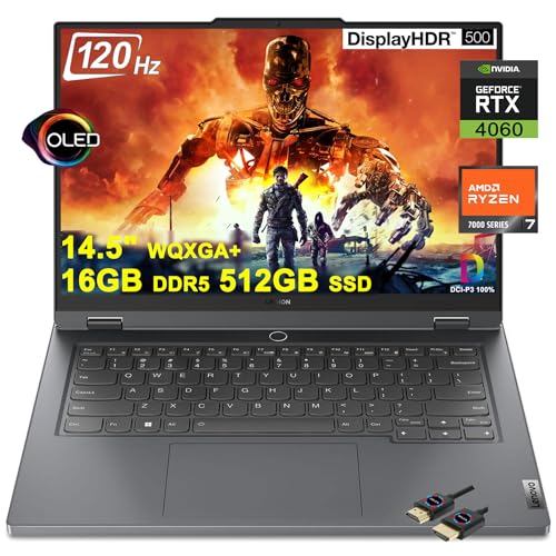 Lenovo Legion Slim 5 Gaming Laptop | 14.5" WQXGA+ OLED 120Hz 400nits 100% DCI-P3 | AMD 8-Core Zen 4 Ryzen 7 7840HS (>i7-12700H) | 16GB DDR5 512GB SSD | GeForce RTX 4060 | Backlit Win11 + HDMI Cable