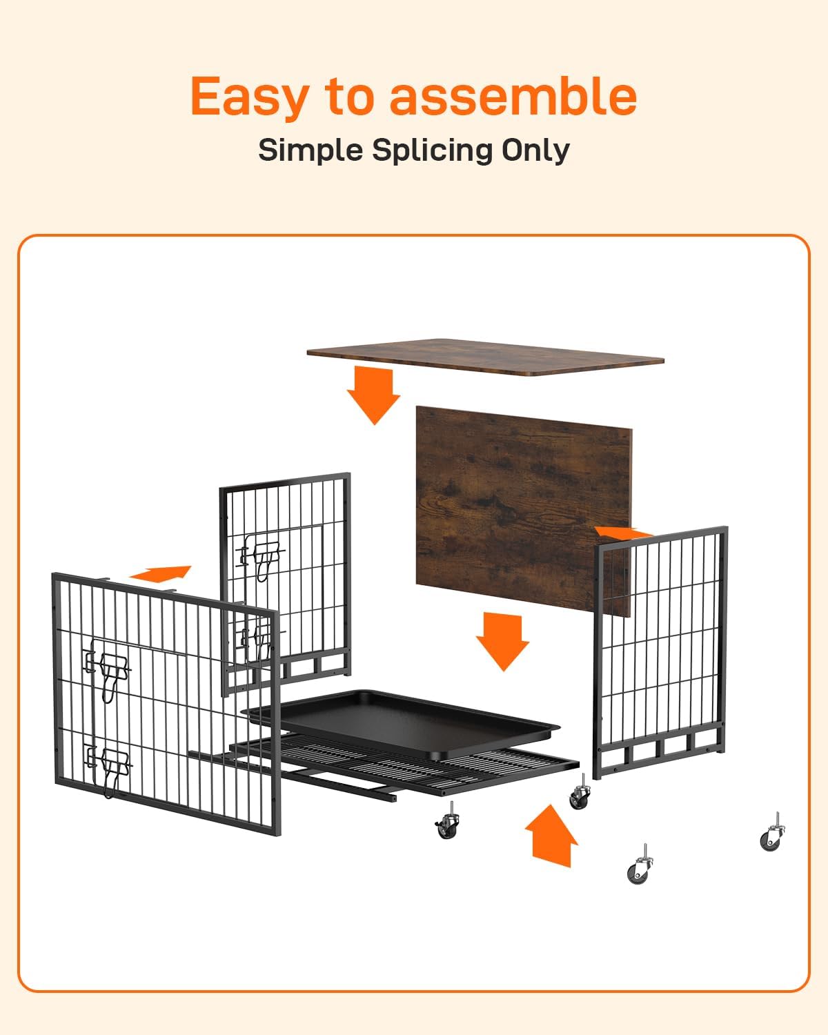Dog Crate Furniture with Removable Tray and Wheels, Double-Door Wooden Kennel, Brown N6860
