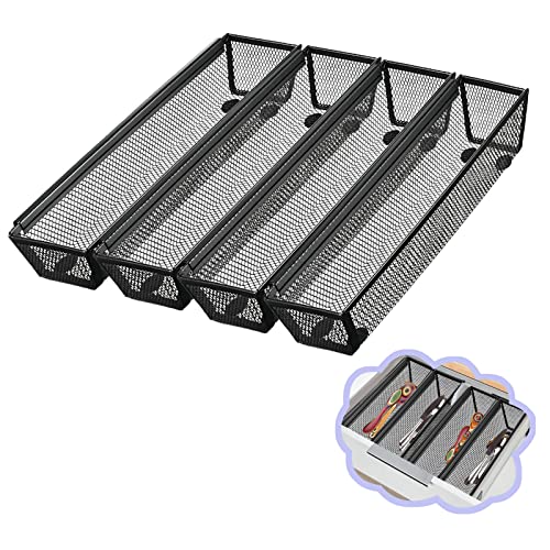 2PCS Drawer Organizer,Drawer Organizer for Kitchen,Utensil Mesh Drawer Organizer with Interlocking Arm for Cosmetic,Flatware,Pen (9 * 3 * 2 Inches,Black)