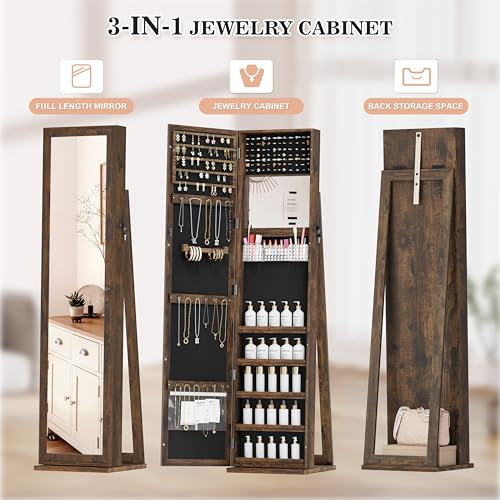 Lockable Jewelry Cabinet with Full-Length Mirror, Brown M5566