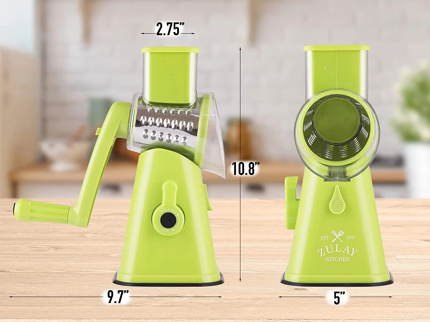 Zulay Kitchen Rotary Cheese Grater with 3 Stainless Steel Blades, Light Green A39278