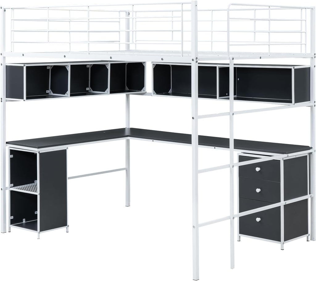 Metal Loft Bed with Bookcase, Desk and Cabinet, Full, White Q330