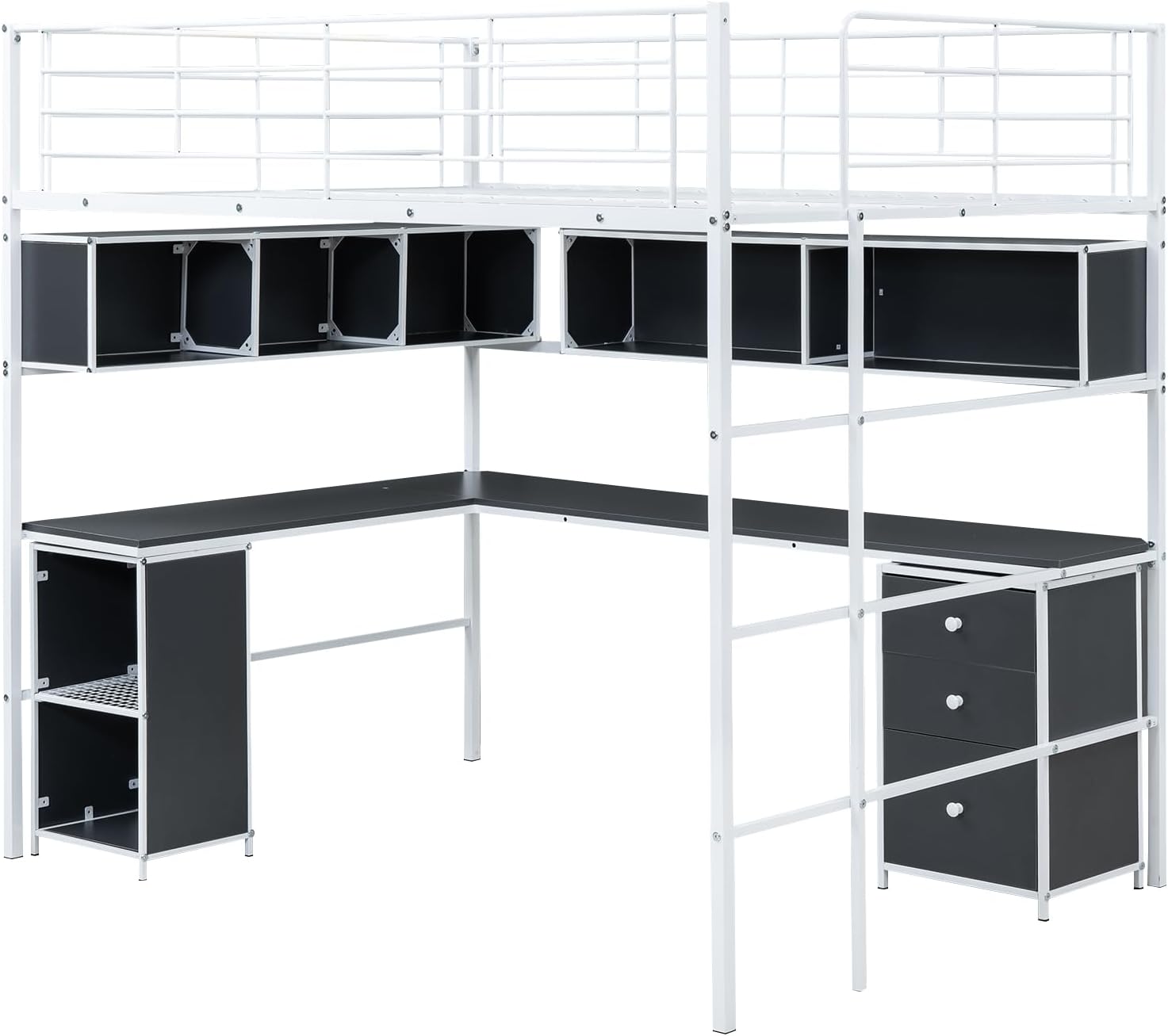 Metal Loft Bed with Bookcase, Desk and Cabinet, Full, White Q330