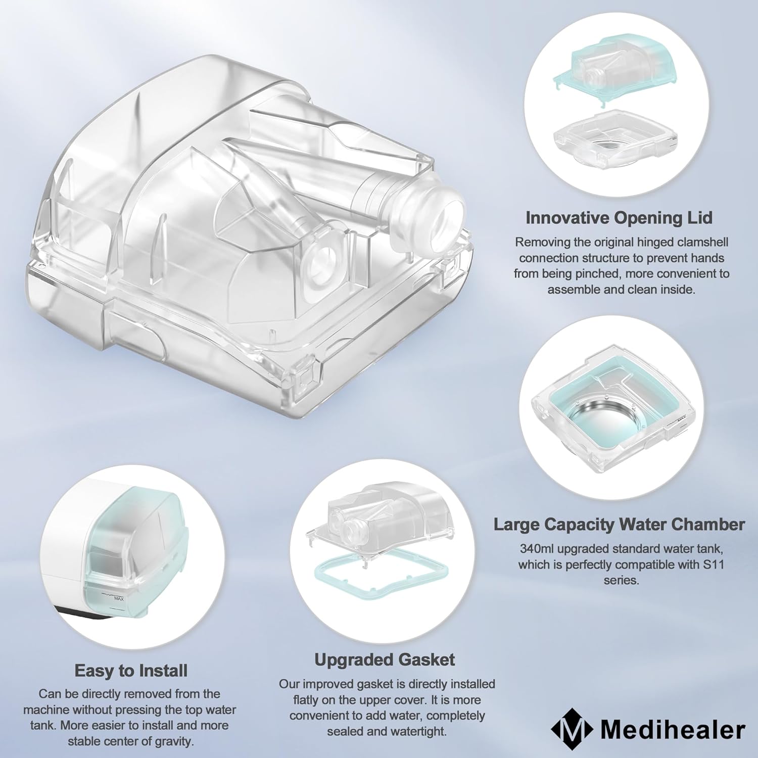 Improved Water Chamber for Air Sense 11, HumidAir Tub for S11 Series, 380ml, by Medihealer Q48729