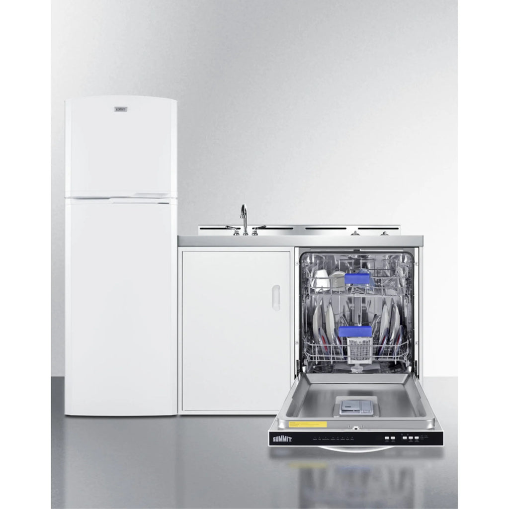 All-in-one kitchenette with full-size fridge, dishwasher, sink, and 2-burner cooktop N140