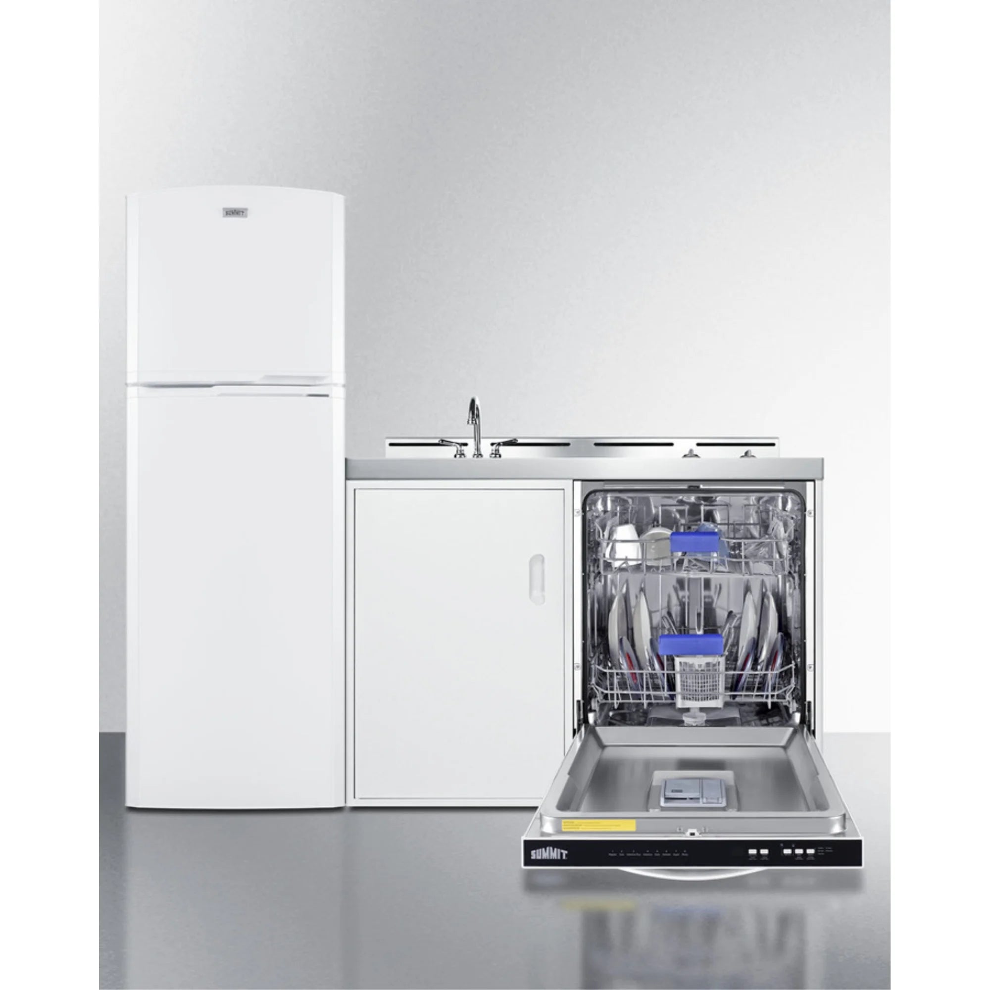 All-in-one kitchenette with full-size fridge, dishwasher, sink, and 2-burner cooktop N140