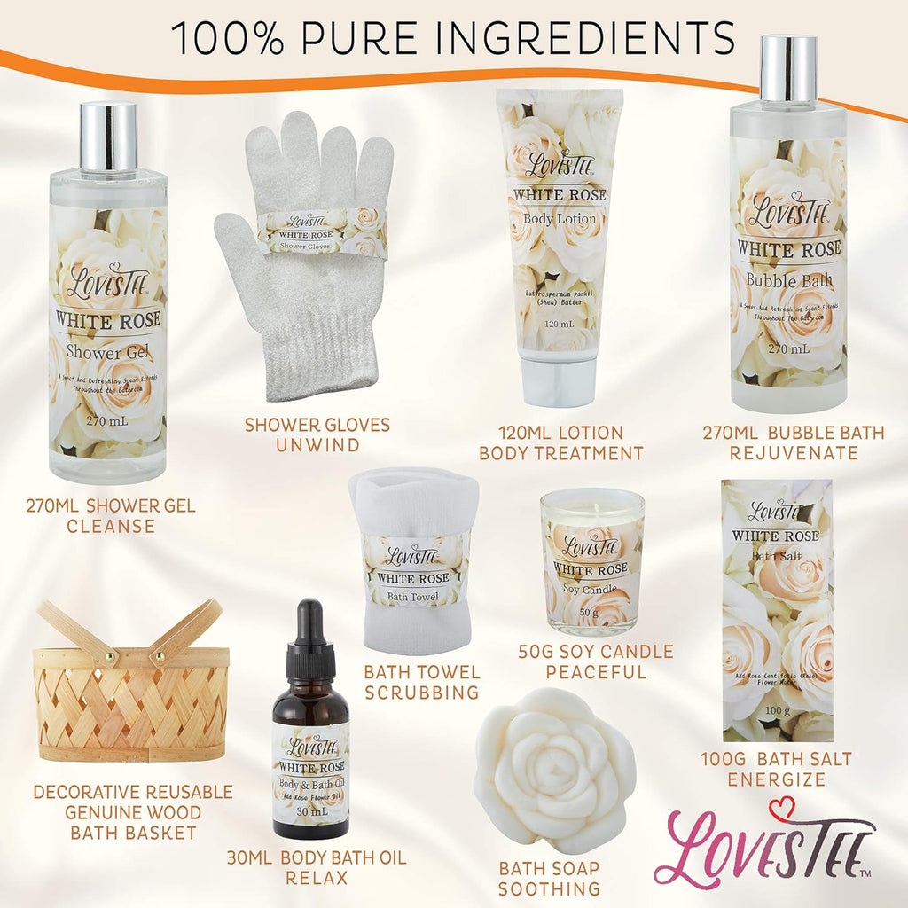 White Rose Spa Gift Basket for Women, Body Lotion, Shower Gel & Candle O463