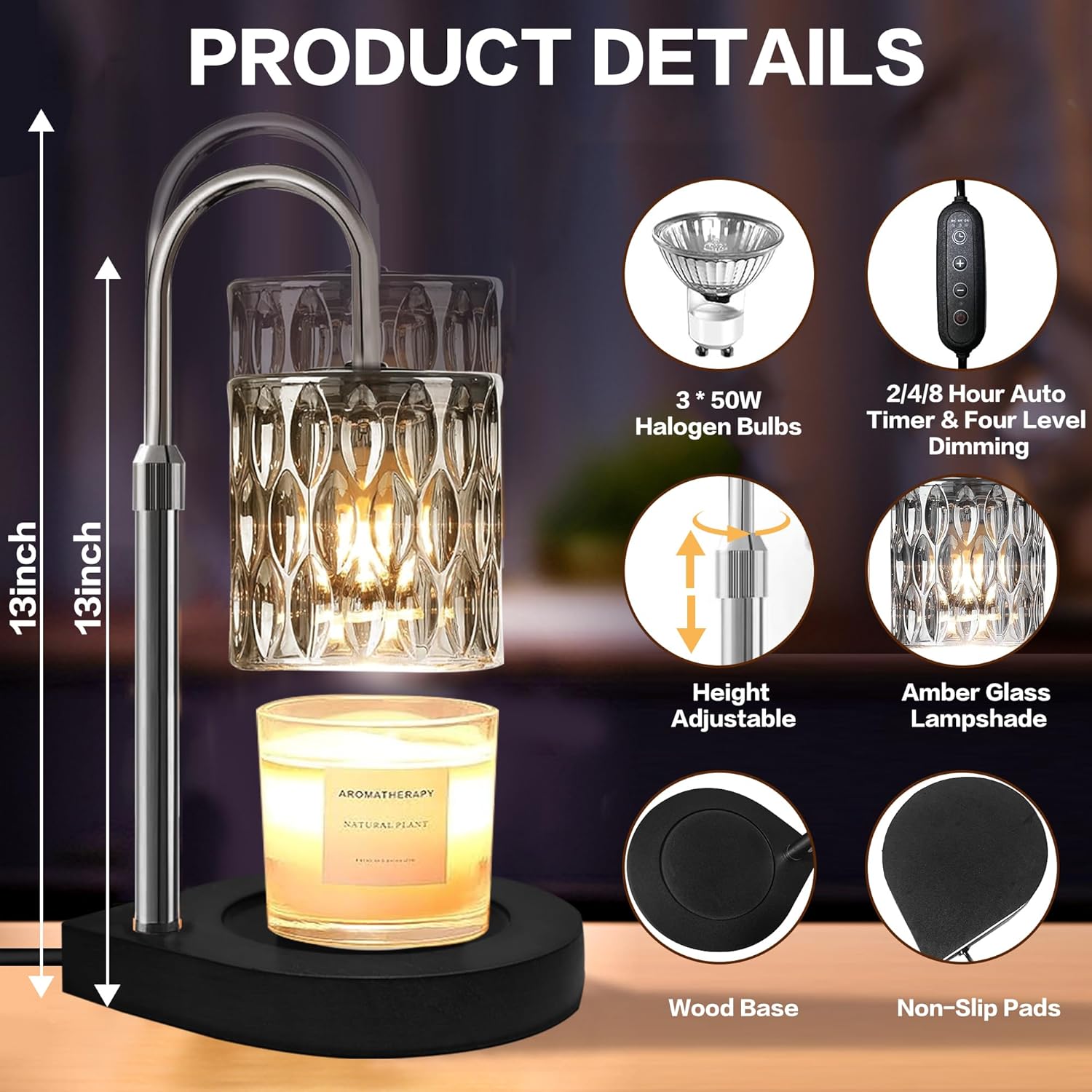 Candle Warmer Lamp with 3 Bulbs, Adjustable Height, Timer (Black) X56806