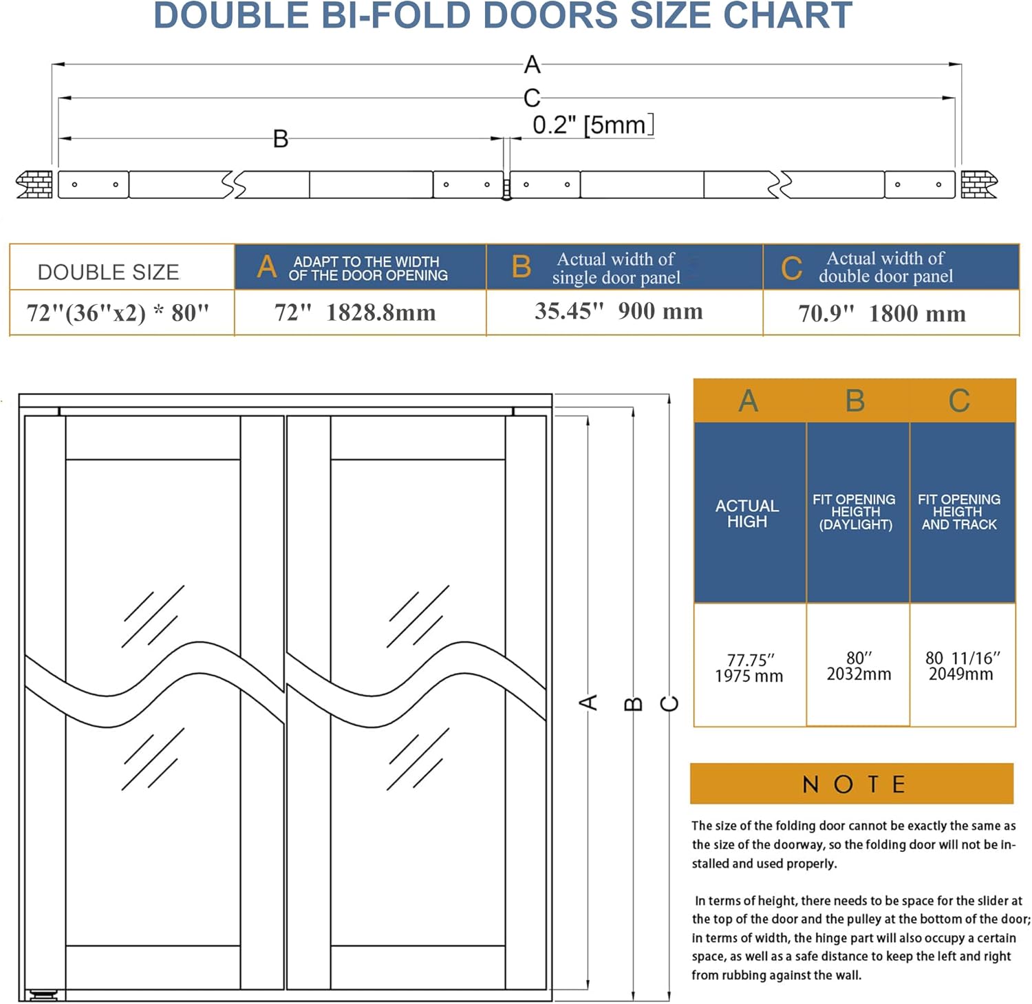 BARNER HOME Cane Bi-fold Doors 72"x 80" Double Door with Hardware, MDF White I741298
