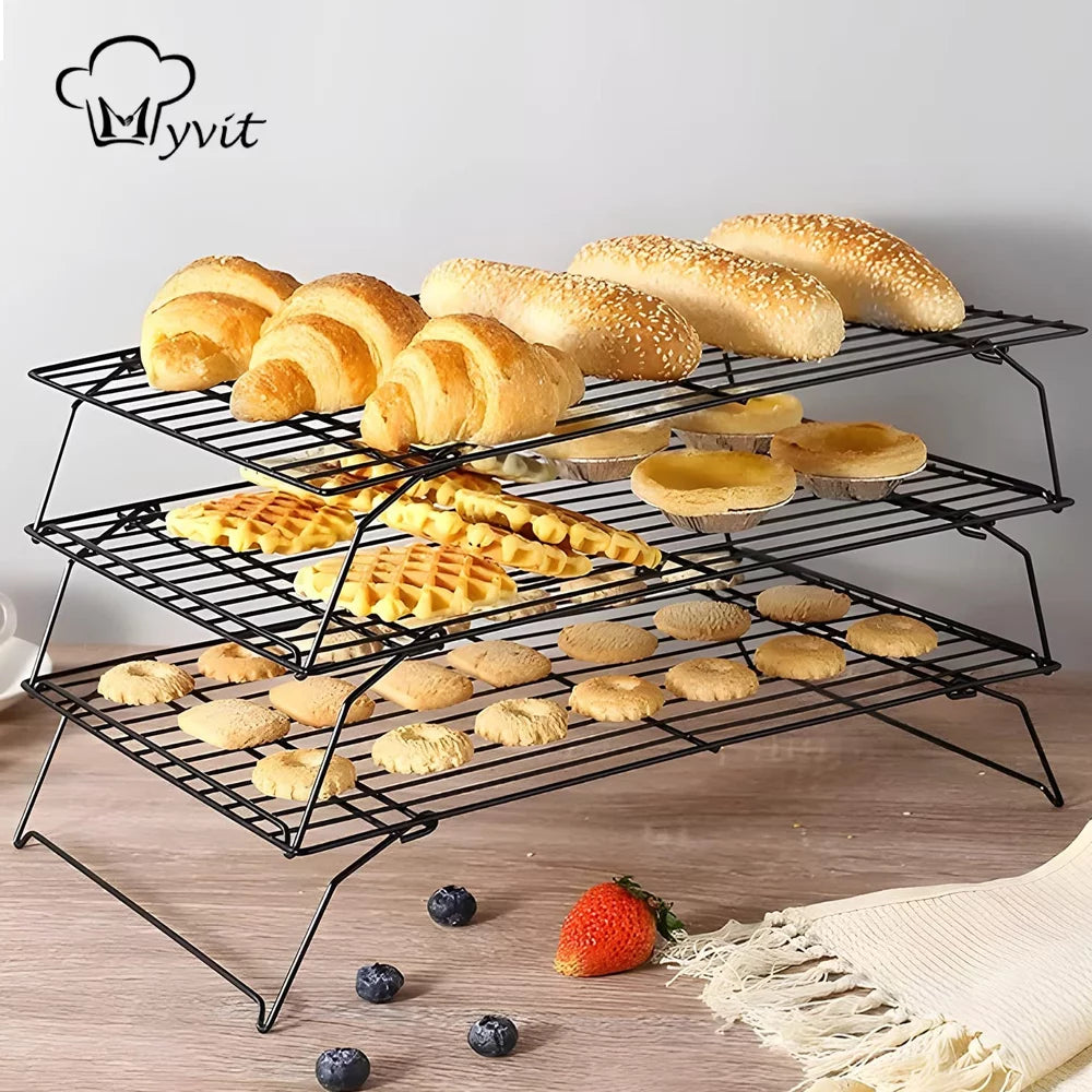 3-Tier Stackable Stainless Steel Cooling Rack with Folding Legs, 15"x10" Q505867