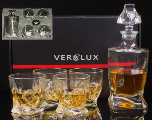 Whiskey Decanter Set with 4 Glasses in Gift Box by Verolux G281