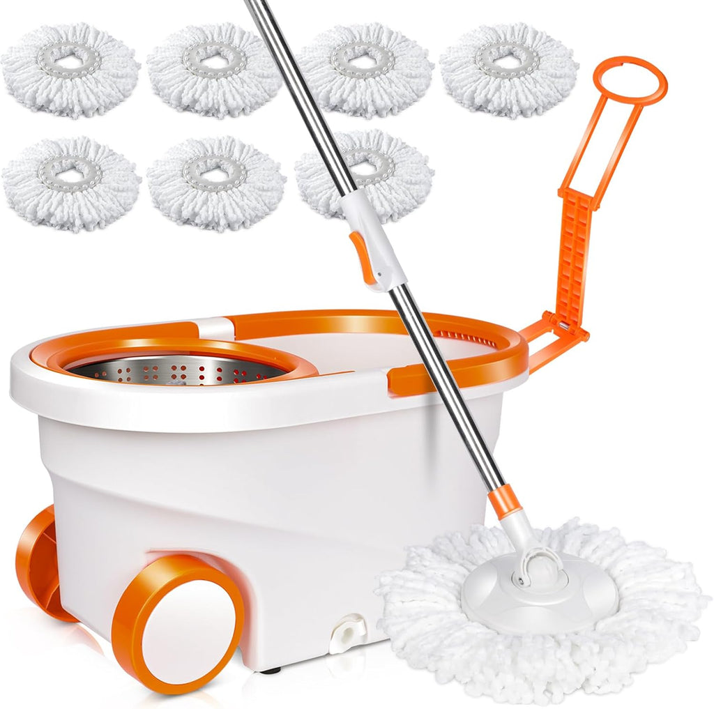 MASTERTOP Spin Mop & Bucket with Wringer Set, Floor Cleaning, Household Cleaning Supplies, Stainless Steel Spinning Mop Bucket, 7 Microfiber Mop Refills, 57" Extended Handle, 2 Wheels Easy Moving