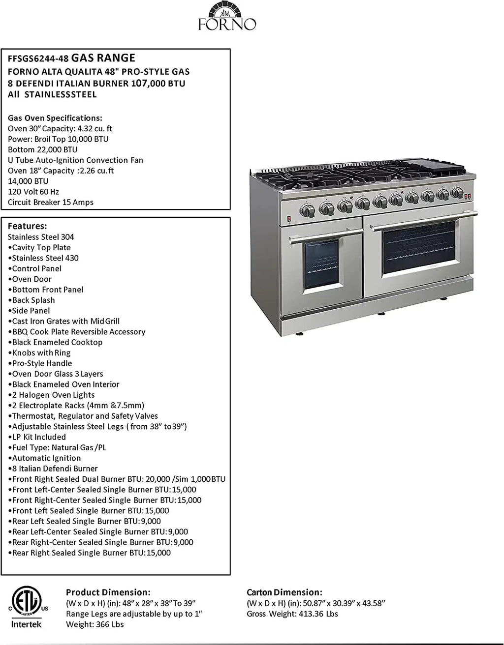 Galiano Gold Professional 48" Freestanding Gas Range H868