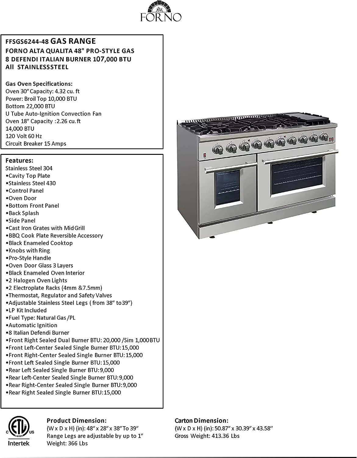 Galiano Gold Professional 48" Freestanding Gas Range H868