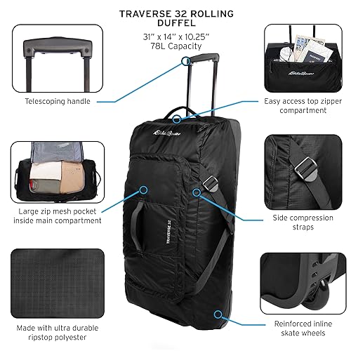 Eddie Bauer Traverse Rolling Duffel Bag, Ripstop Polyester, 78L M33903