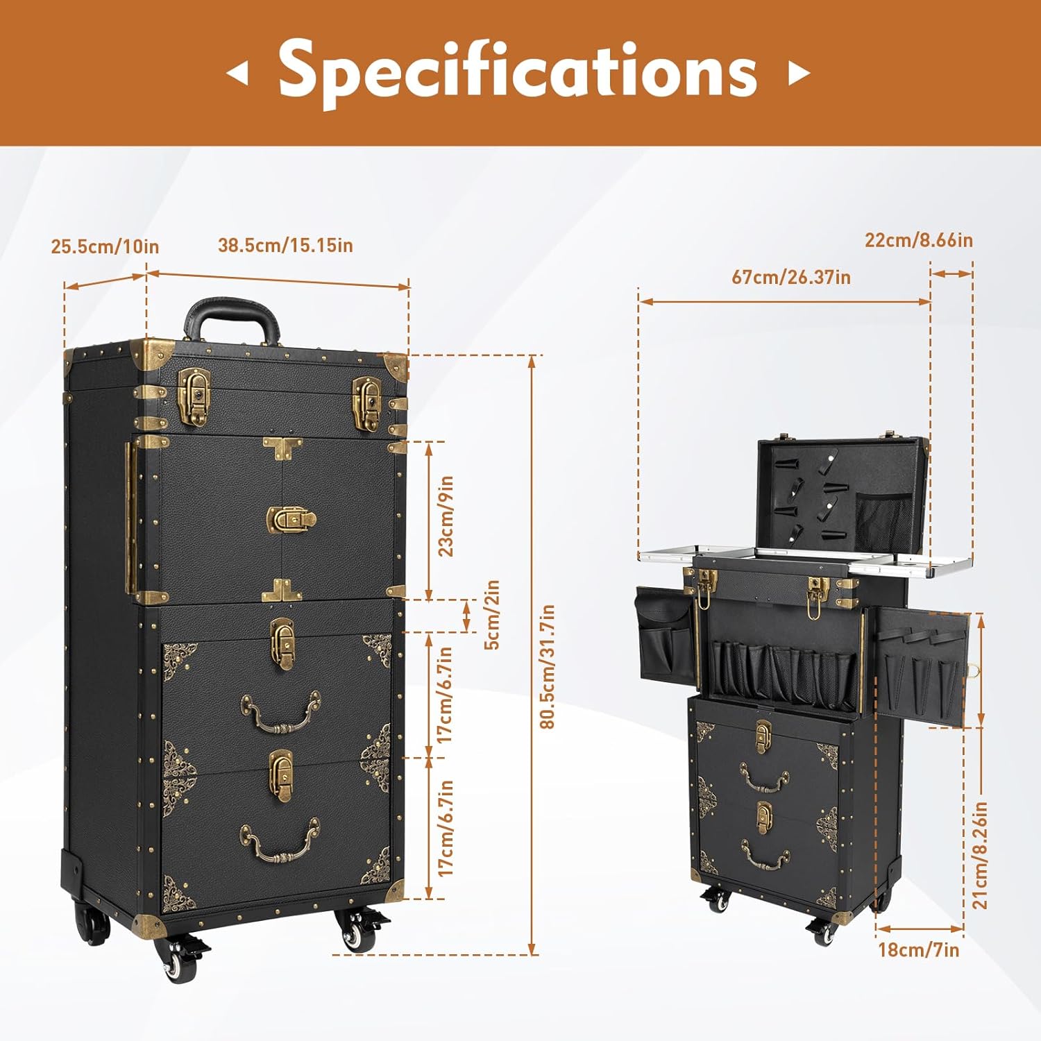Rolling Makeup Train Case with Lock, Aluminum Alloy, for Makeup Artists I73156
