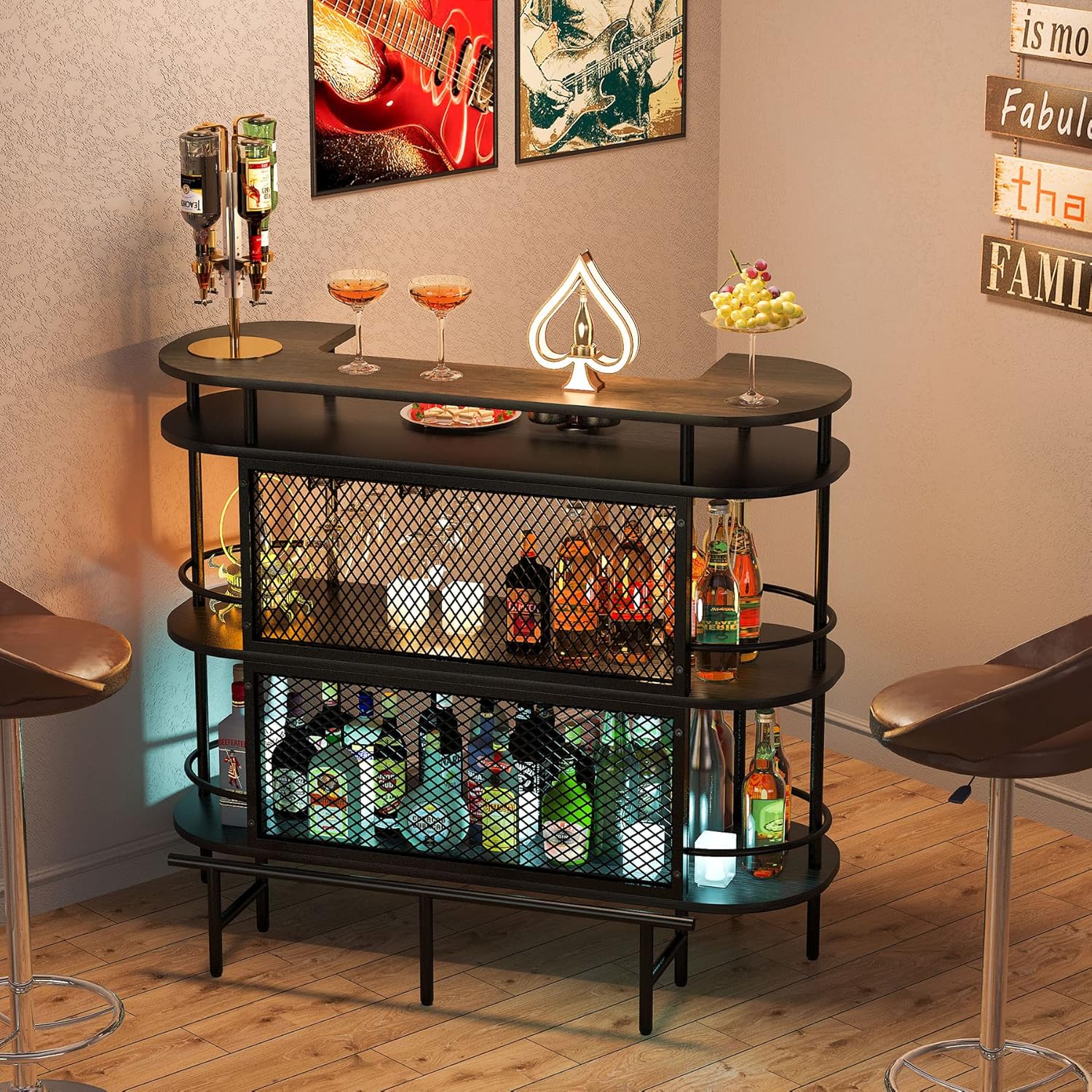 4 Tier Bar Cabinet with Storage Shelves, Foot Rail and Wine Glasses Holder, Black and Walnut Z731