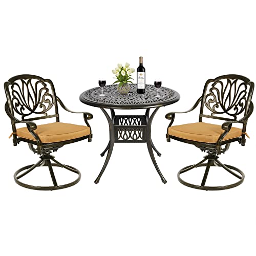 MEETWARM 3-Piece Outdoor Patio Dining Set, All-Weather Cast Aluminum Patio Conversation Set for Backyard Garden Deck with 2 Cushions Swivel Rocker Chairs and 31" Round Table, 2.2" Umbrella Hole