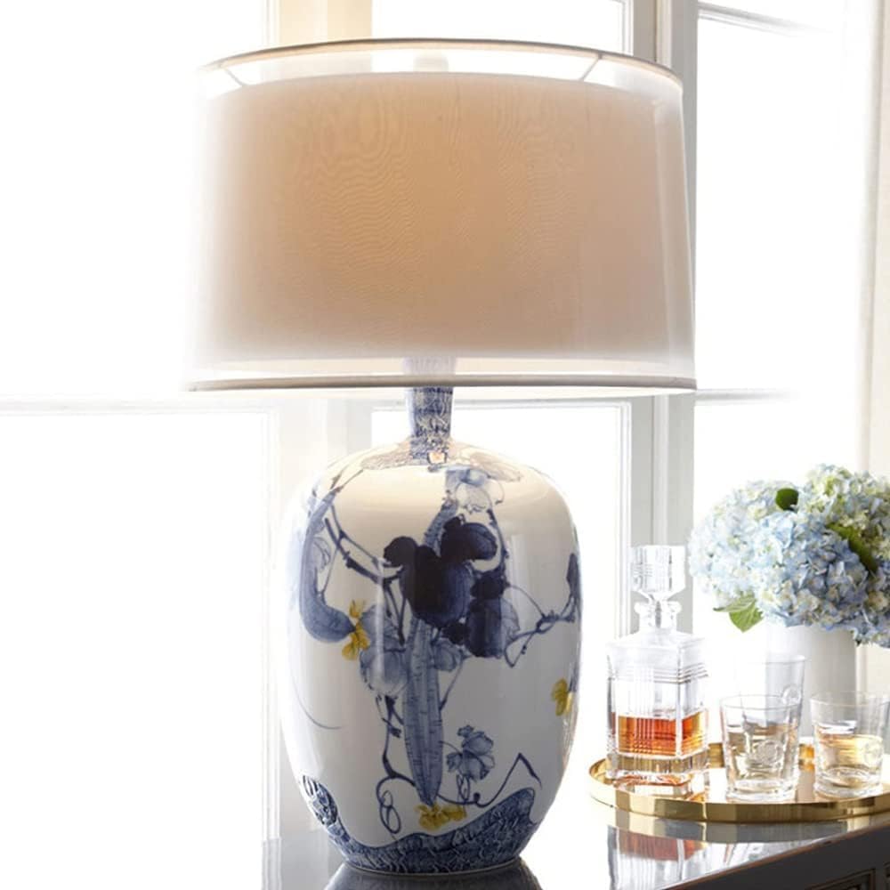 Chinese Blue and White Porcelain Table Lamp with Drum Shade P9534