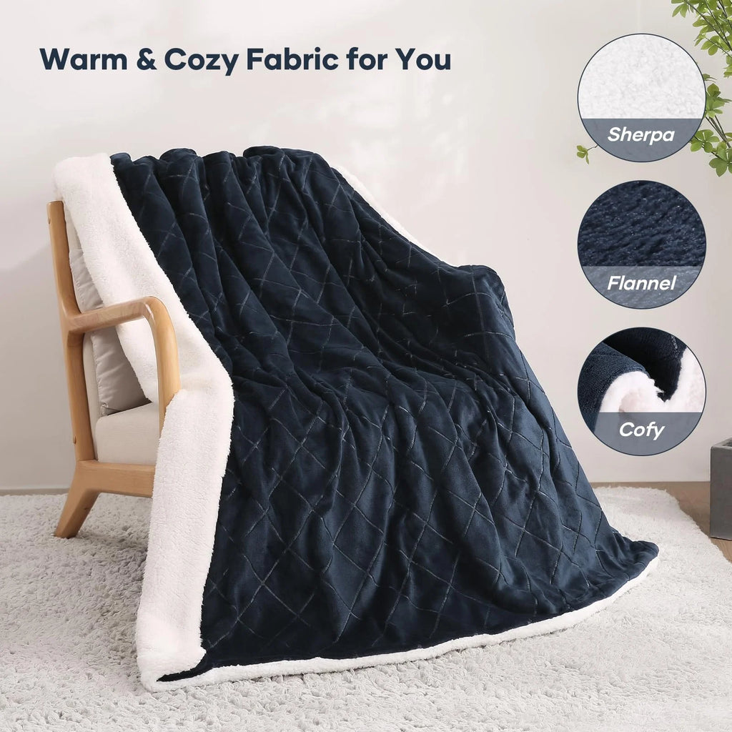 Entil Electric Heated Throw Blanket 50"x60" Dark Blue Flannel & Sherpa Y458