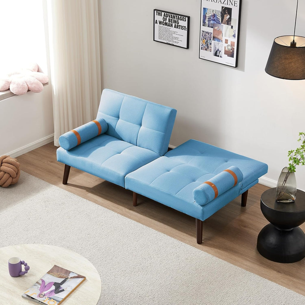 Linen Futon Sofa Bed Convertible Sleeper with Solid Wood Legs Blue N1687
