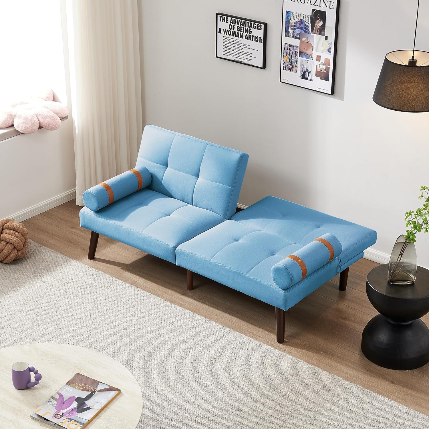 Linen Futon Sofa Bed Convertible Sleeper with Solid Wood Legs Blue N1687