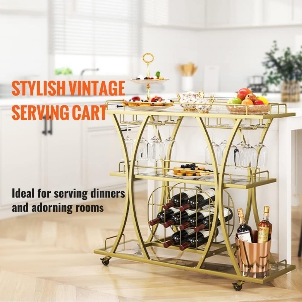 Gold Metal Bar Serving Cart with Wine Rack and Glass Holder M816