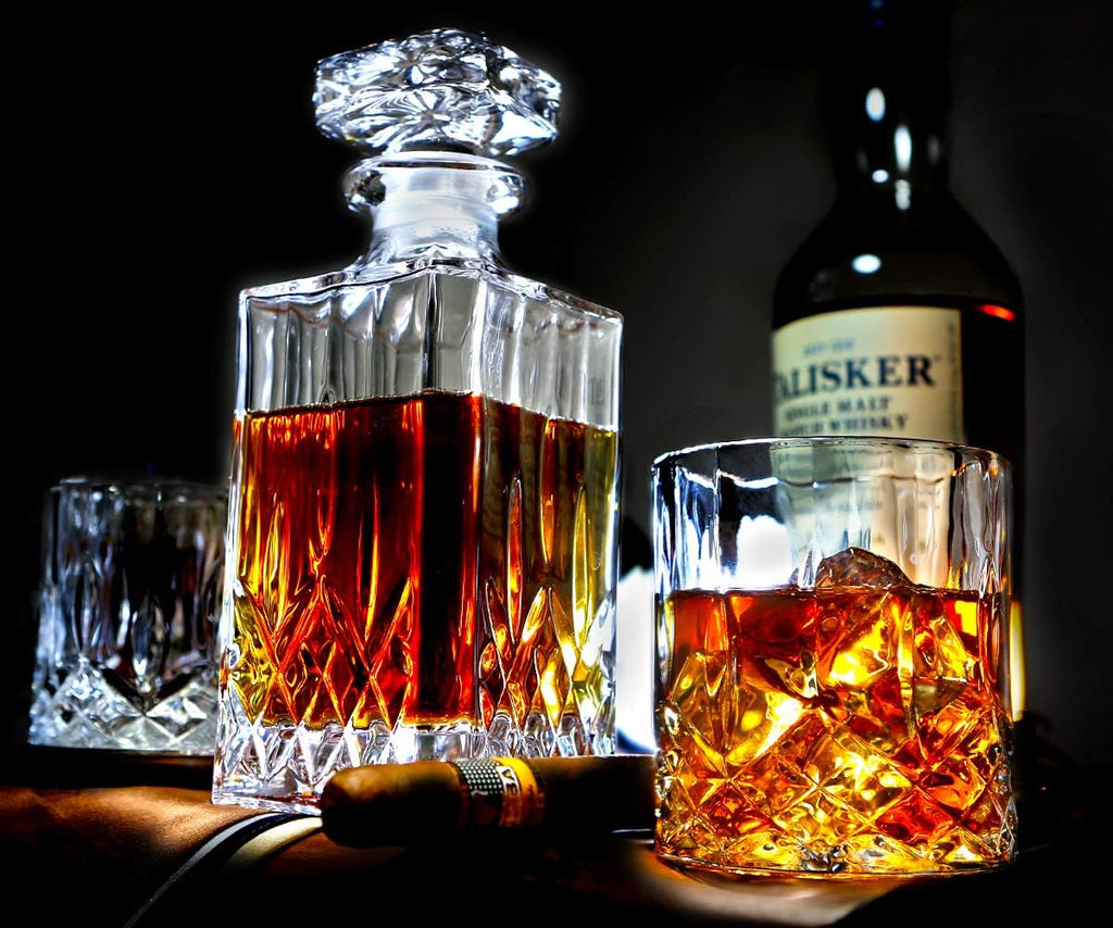 ELIDOMC 5PC Italian Glass Whiskey Decanter Set with 4 Old Fashioned Glasses A4691